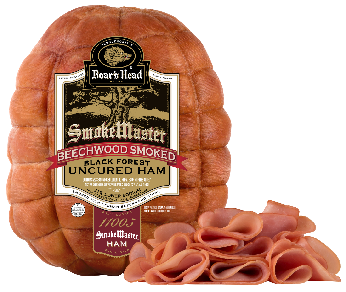 A large spiral-cut smoked ham wheel with a prominent Boar's Head SmokeMaster label, shown on a white background with several slices cut from the front revealing the pink cured meat inside.