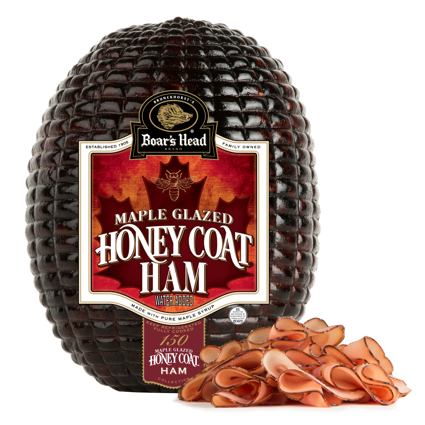 Boar's Head Maple Glazed Honey Coat Ham in a dark glazed bark-style package, shown on a white background with slices of the ham placed in front.