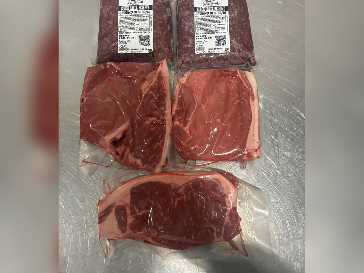 The 1954 Bundle: three vacuum-packed steaks and two 1 lb packs of 90/10 lean ground beef