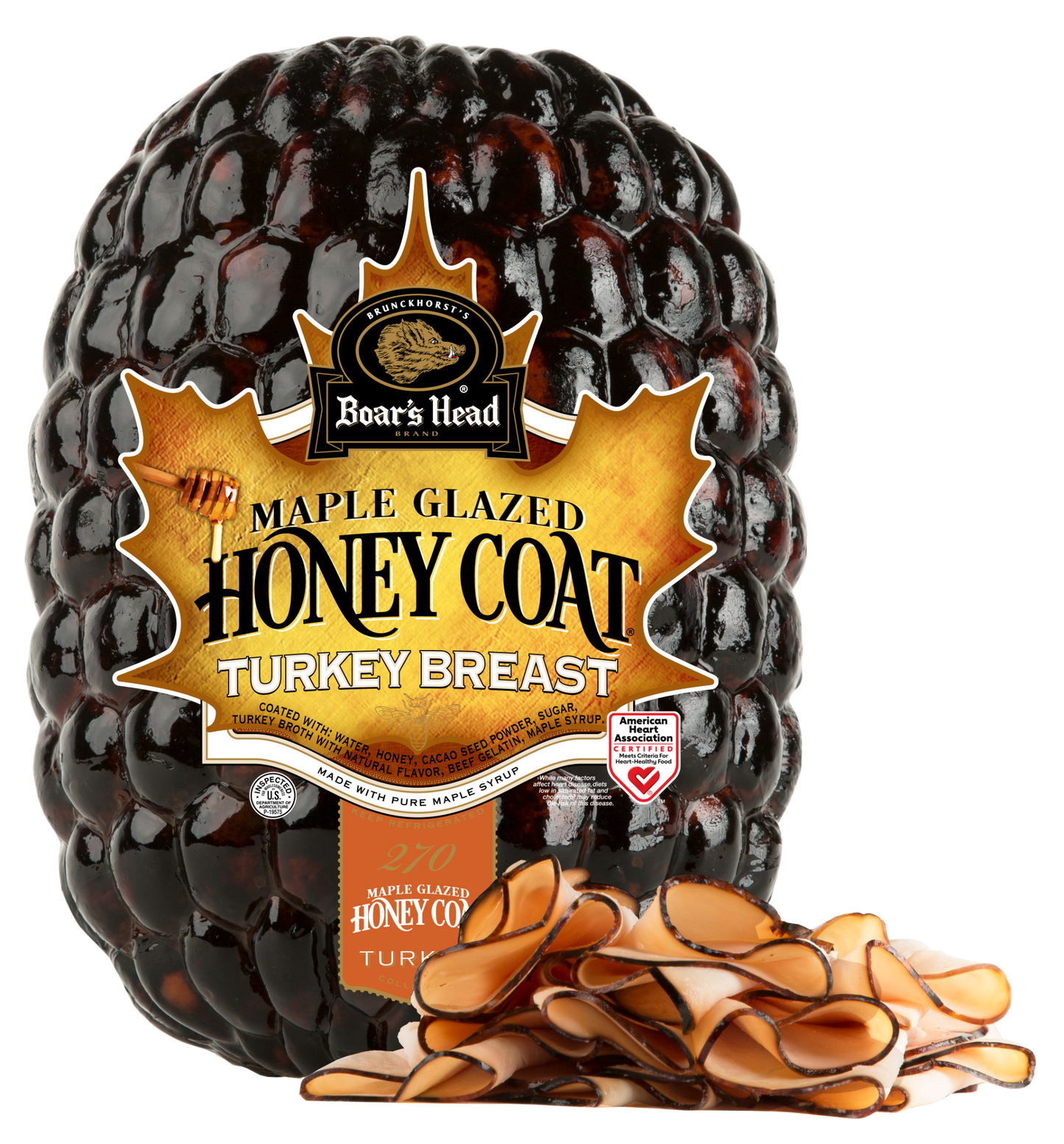 Boar's Head Maple Glazed Honey Coat Turkey Breast in a clear plastic bag with a large gold and black label, shown on a white background with sliced turkey pieces in front.