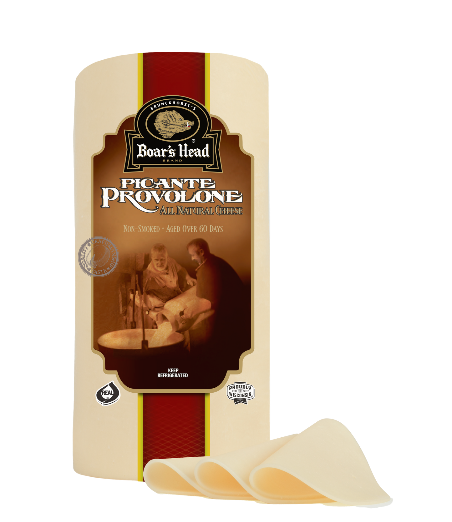Boar's Head Picante Provolone cheese slices shown in their paper packaging with a few slices pulled from the front, on a solid white background.