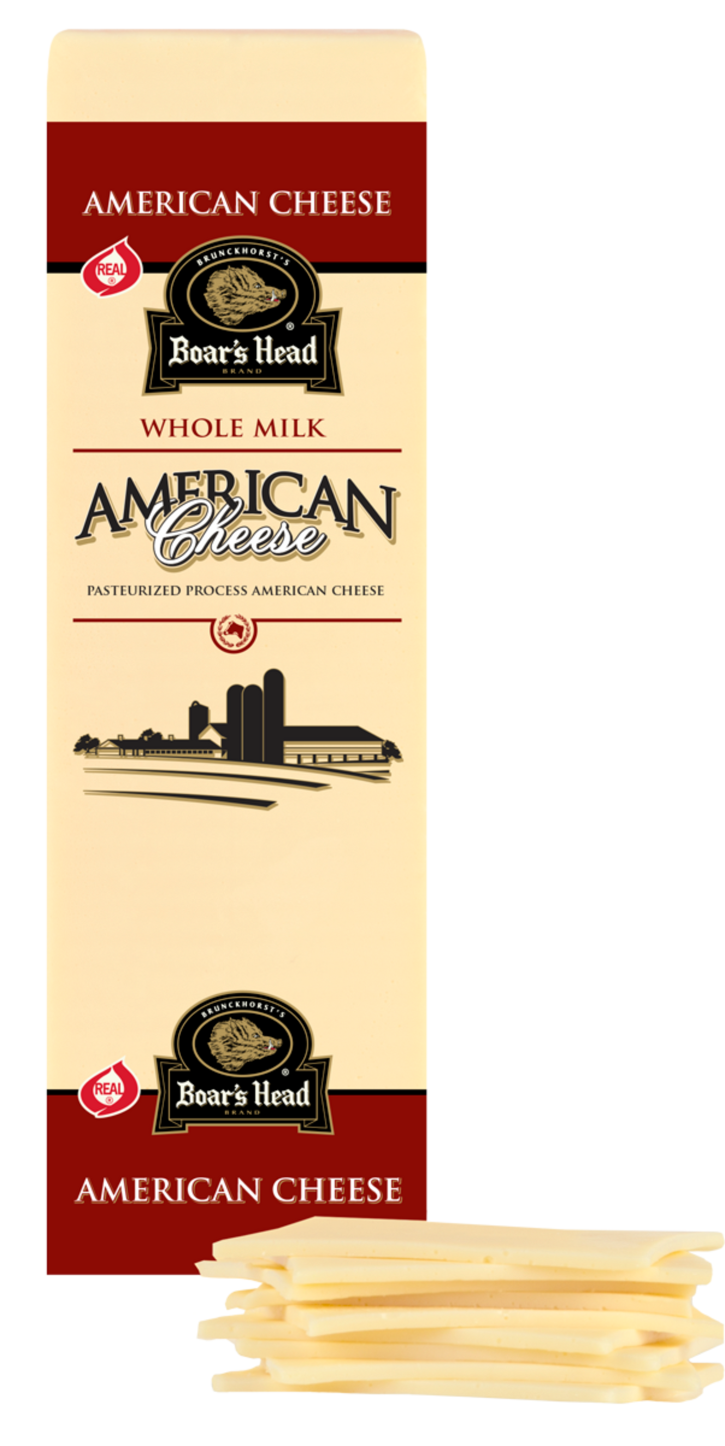 A package of Boar's Head Whole Milk American Cheese with several cheese slices displayed in front on a plain white background.