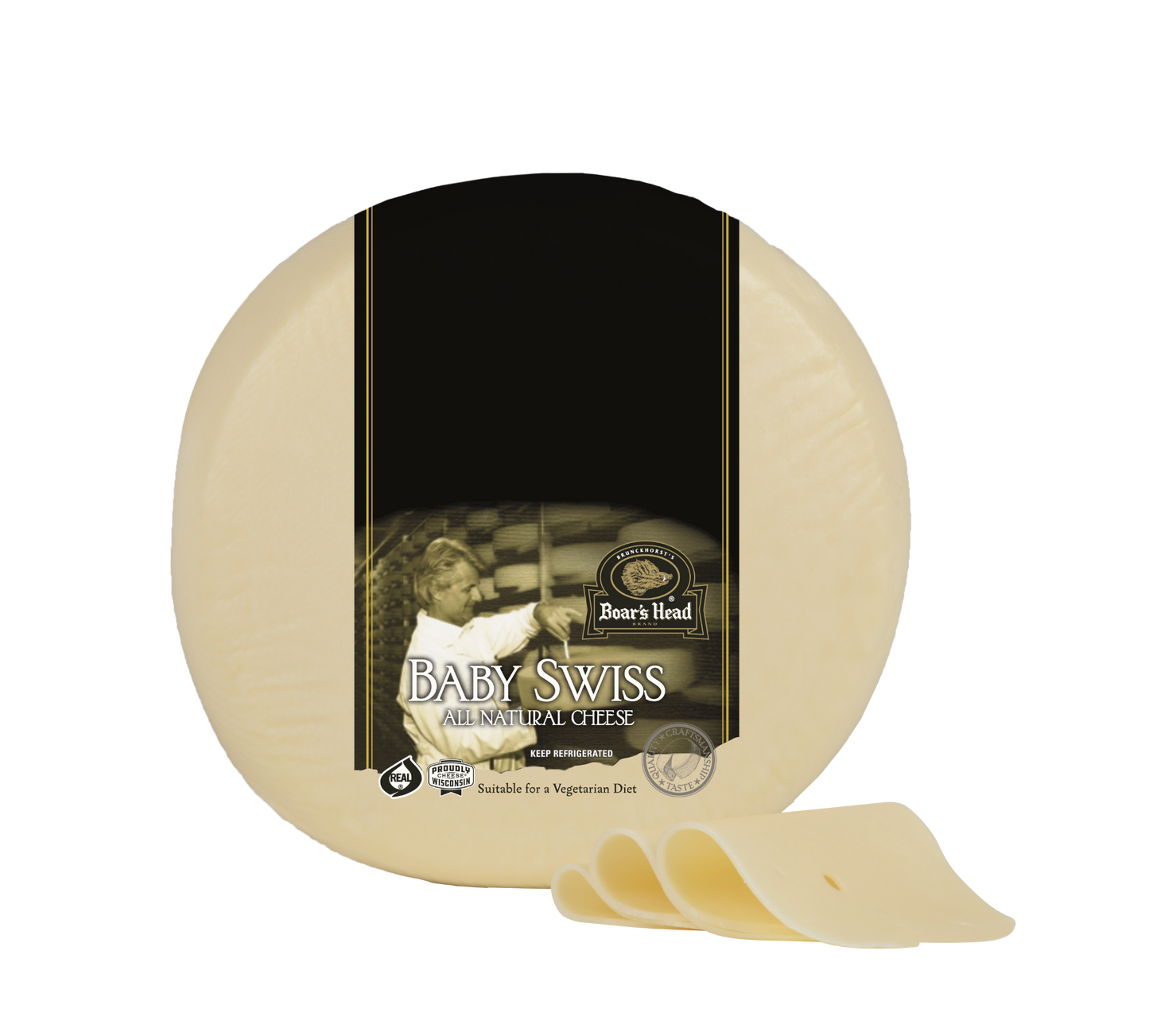 A round wheel of Baby Swiss All-Natural Cheese with a black and gold label, shown on a white background with a few slices cut and fanned out in front.