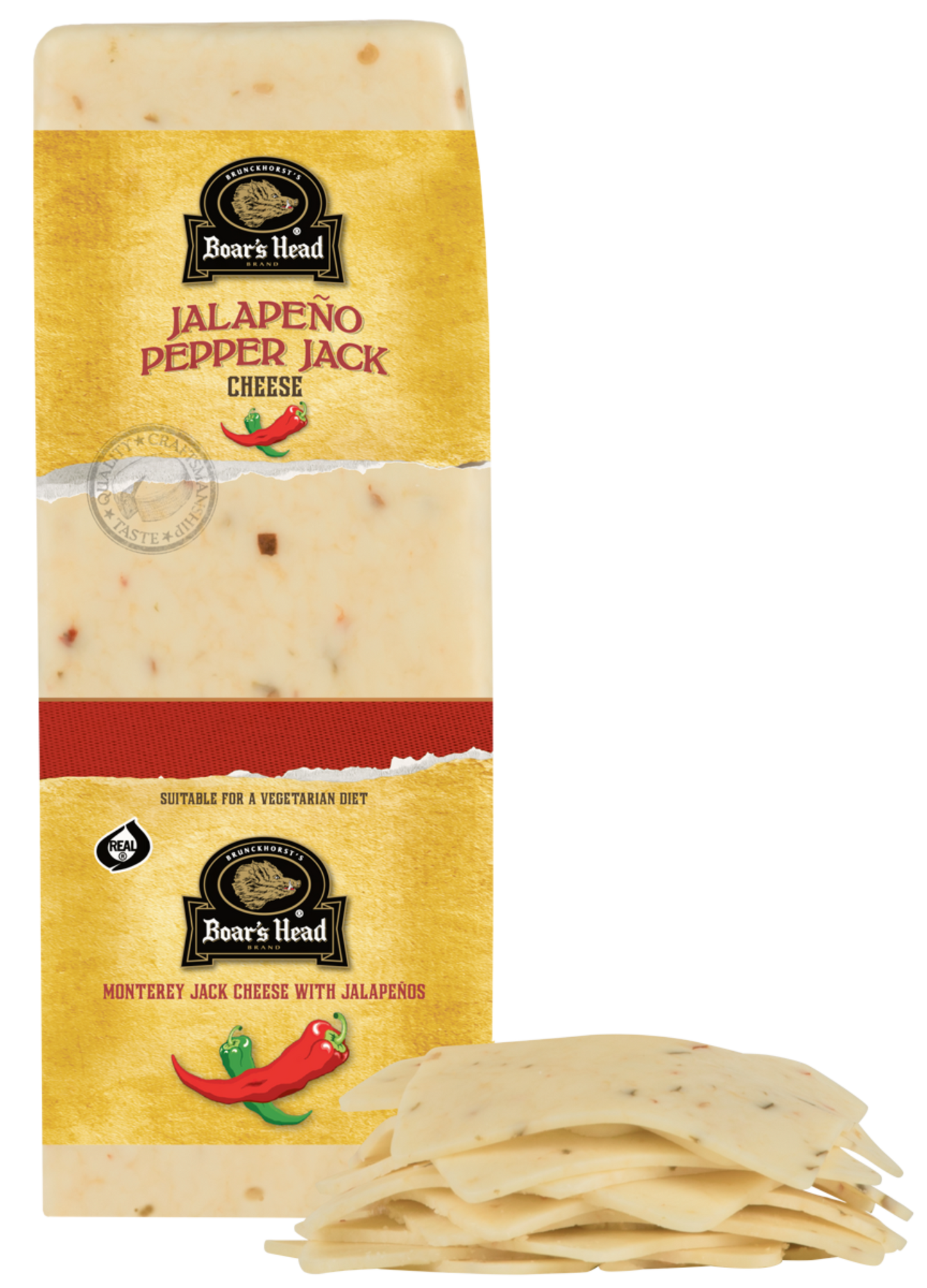 A package of Boar's Head Jalapeño Pepper Jack Cheese stands upright on a white background, with a stack of sliced cheese wedges placed in front. The package is primarily yellow with a red band and black logo, and the cheese slices show a pale yellow color with small red pepper flecks.