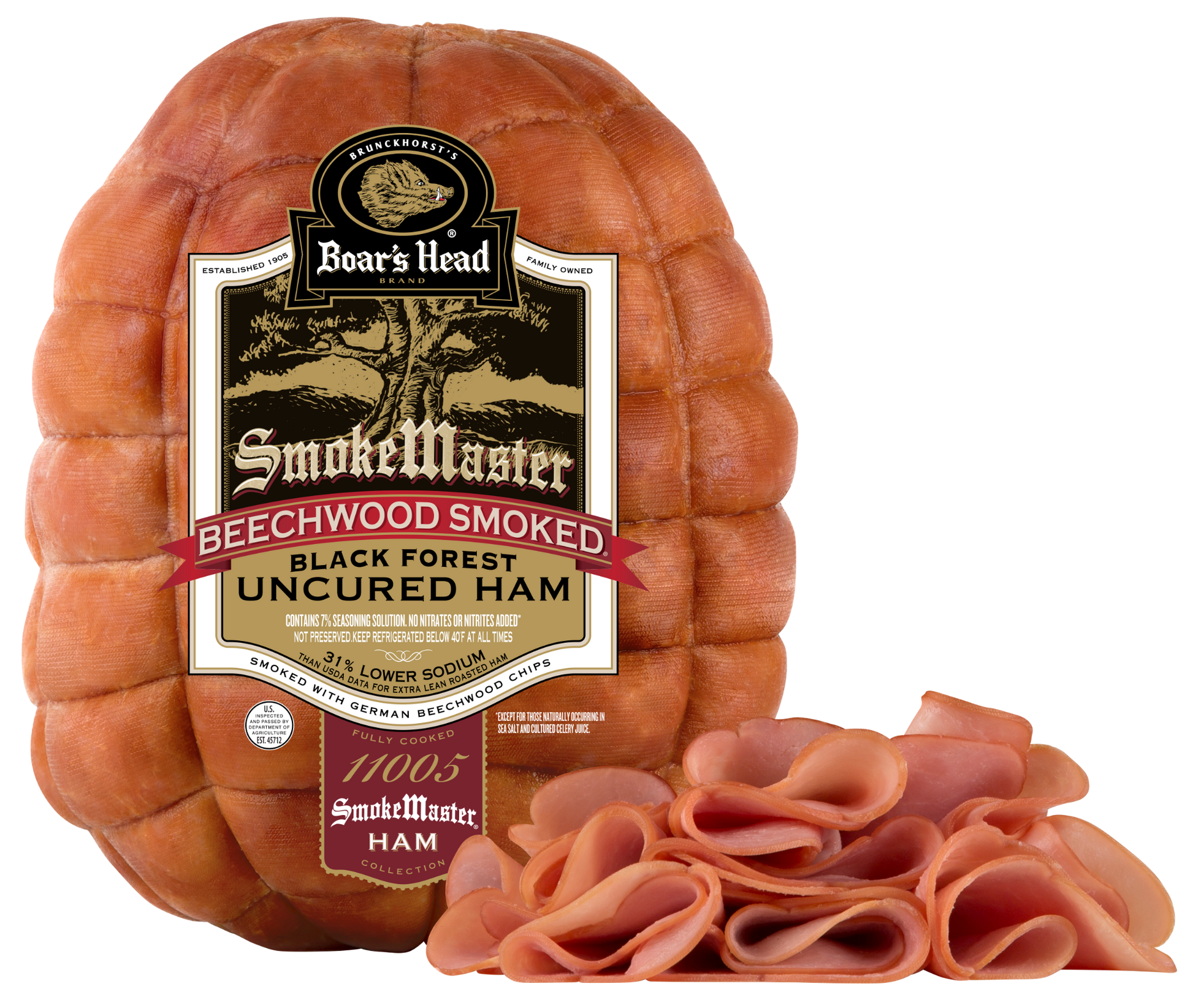 A large spiral-cut smoked ham wheel with a prominent Boar's Head SmokeMaster label, shown on a white background with several slices cut from the front revealing the pink cured meat inside.
