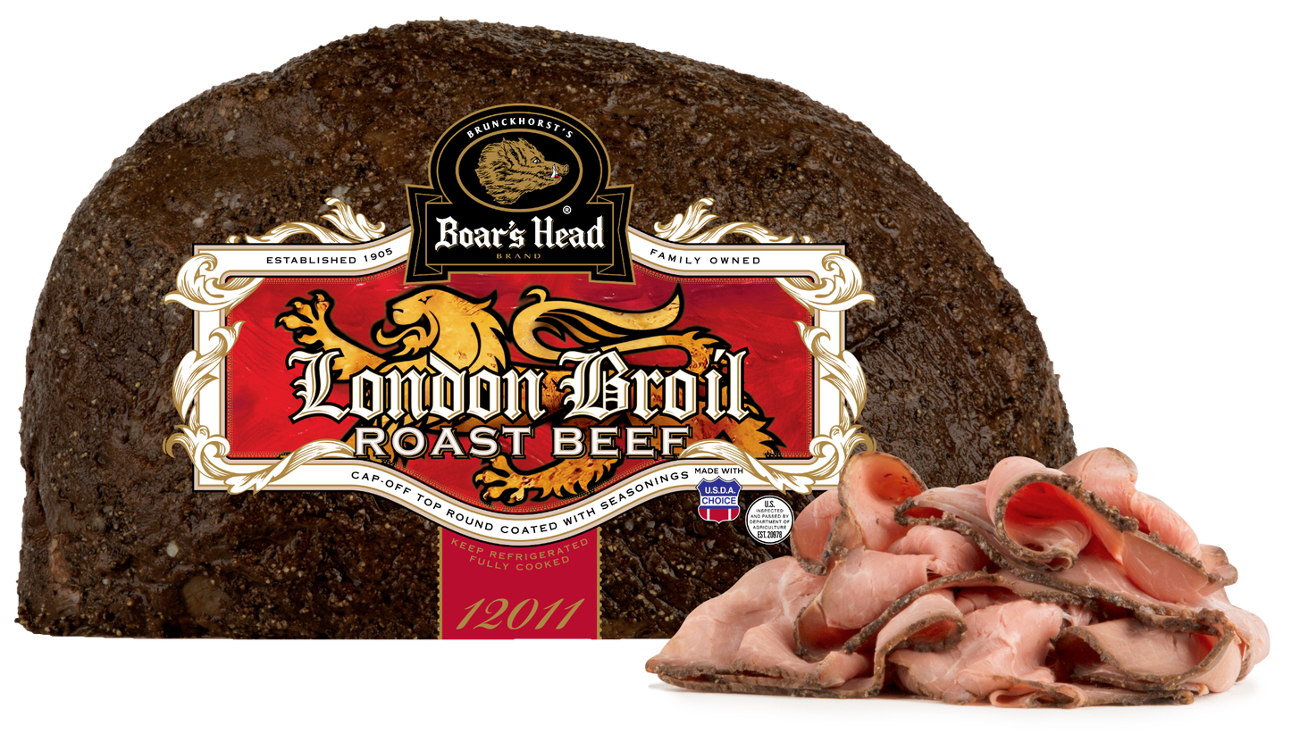 A large cut of Boar's Head London Broil roast beef with a red and gold label, shown next to slices of sliced roast beef on a white background.