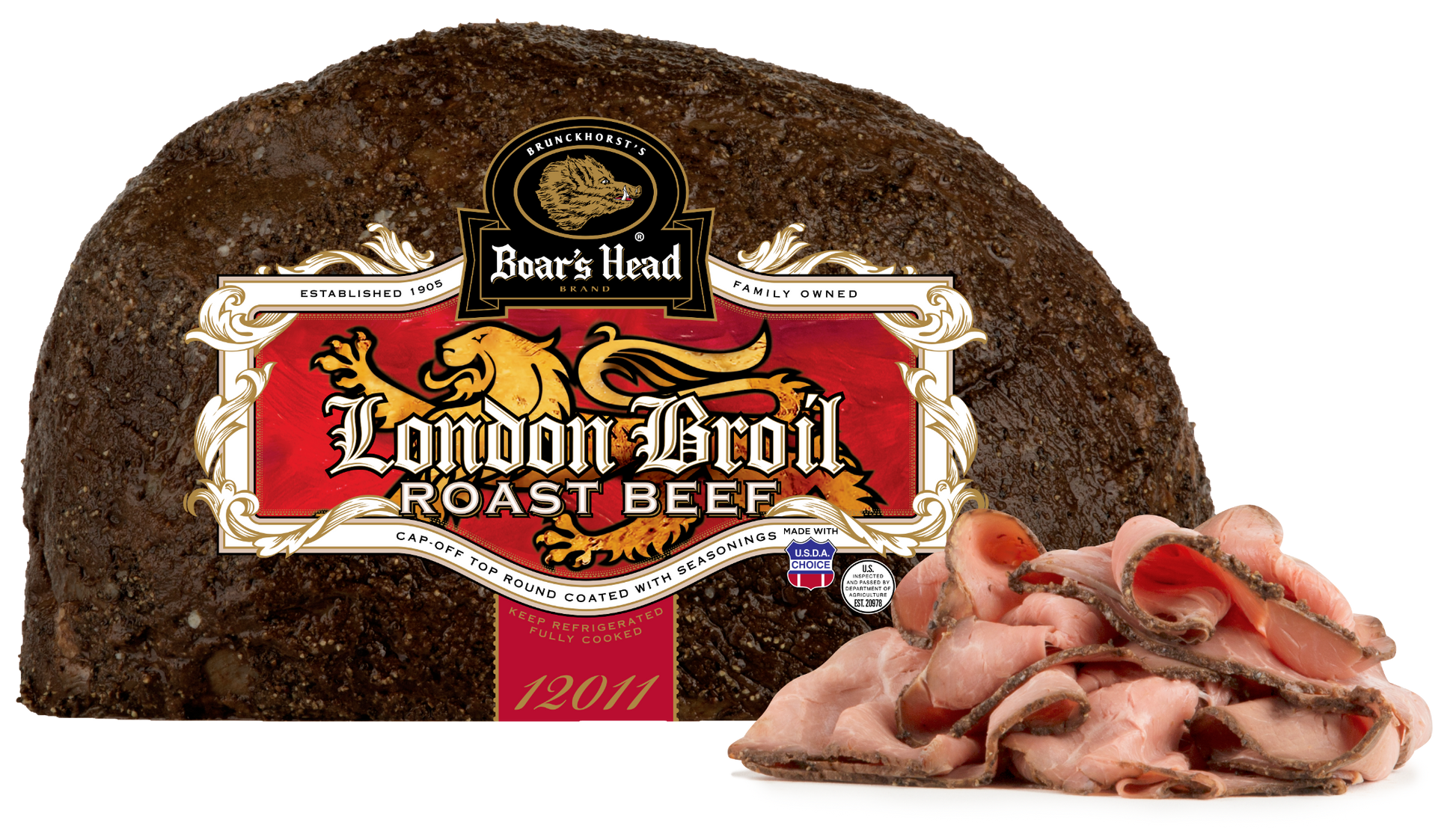 A large cut of Boar's Head London Broil roast beef with a red and gold label, shown next to slices of sliced roast beef on a white background.