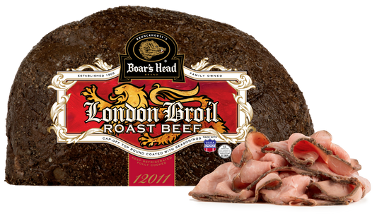 A large cut of Boar's Head London Broil roast beef with a red and gold label, shown next to slices of sliced roast beef on a white background.