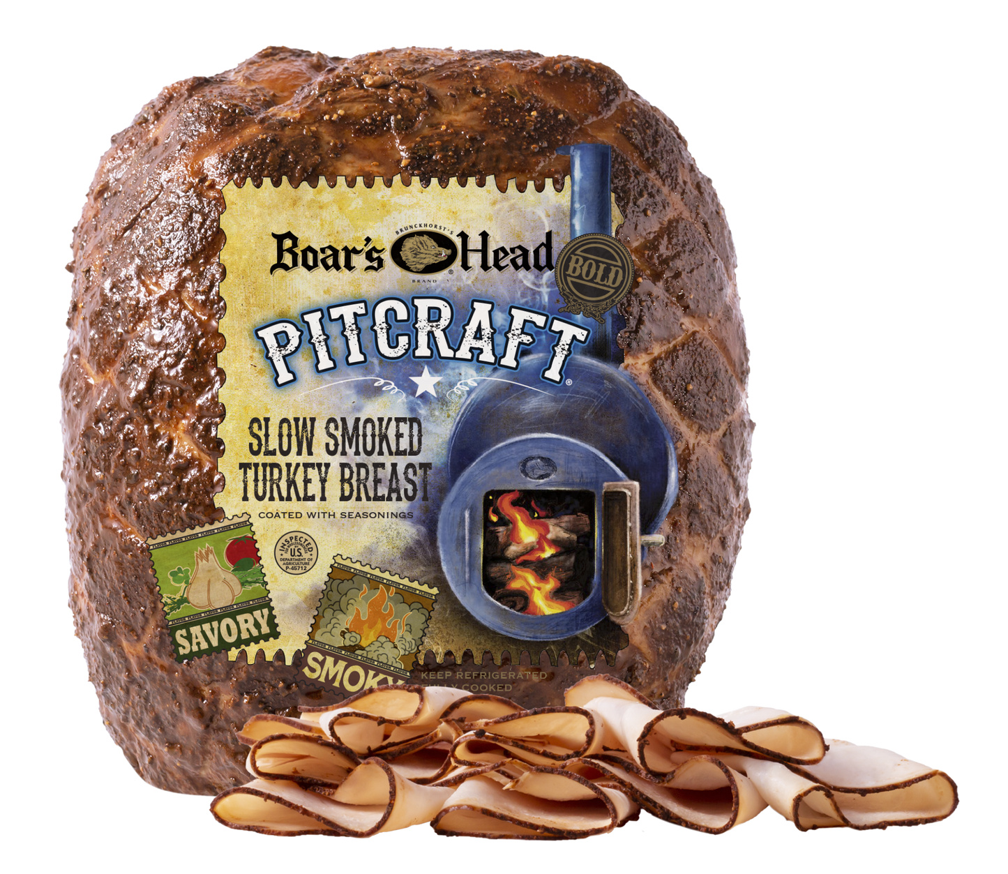 Boar's Head Pitcraft slow smoked turkey breast, shown as a large browned cube with a printed front label and several sliced pieces arranged in front on a white background.