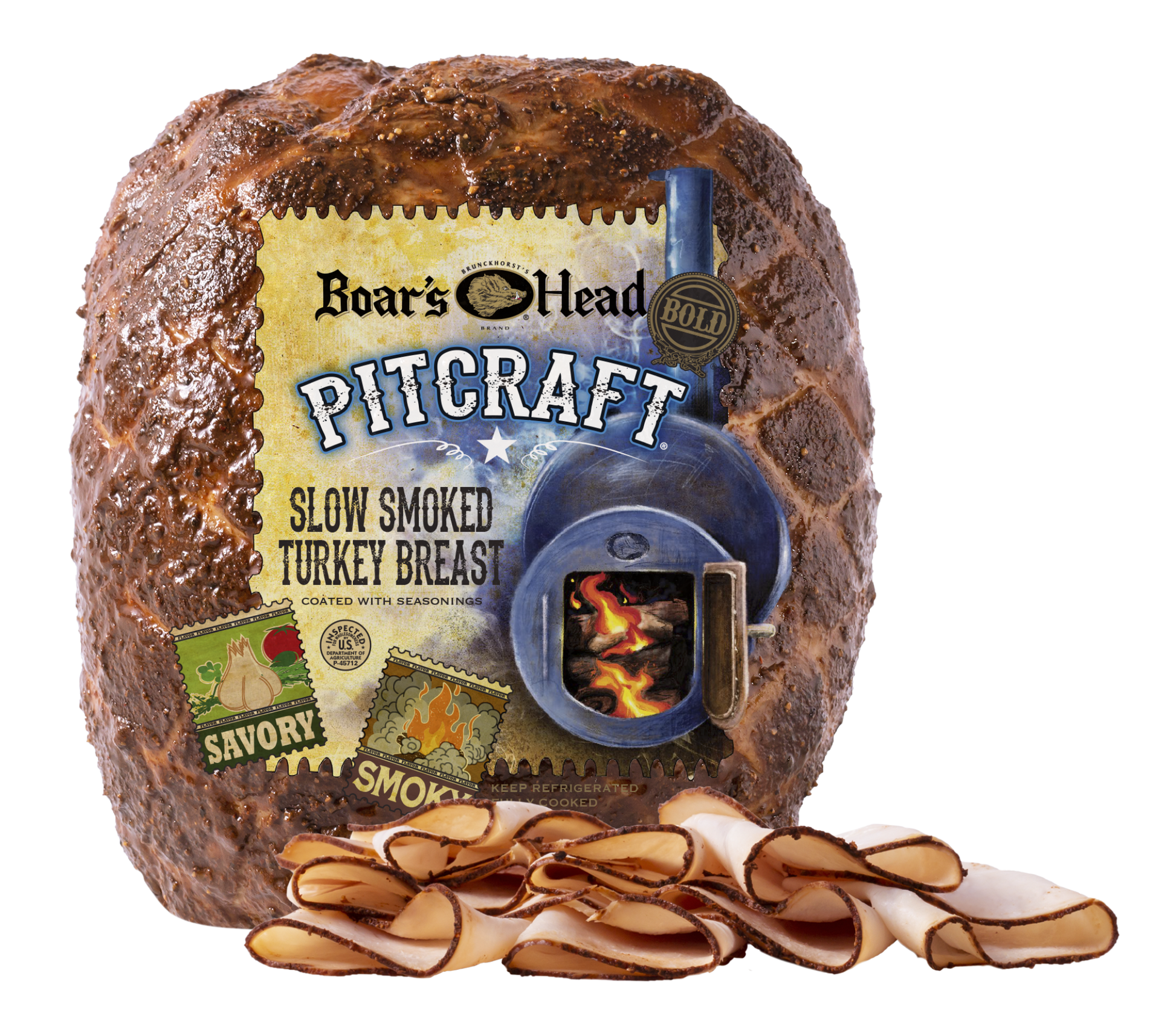 Boar's Head Pitcraft slow smoked turkey breast, shown as a large browned cube with a printed front label and several sliced pieces arranged in front on a white background.