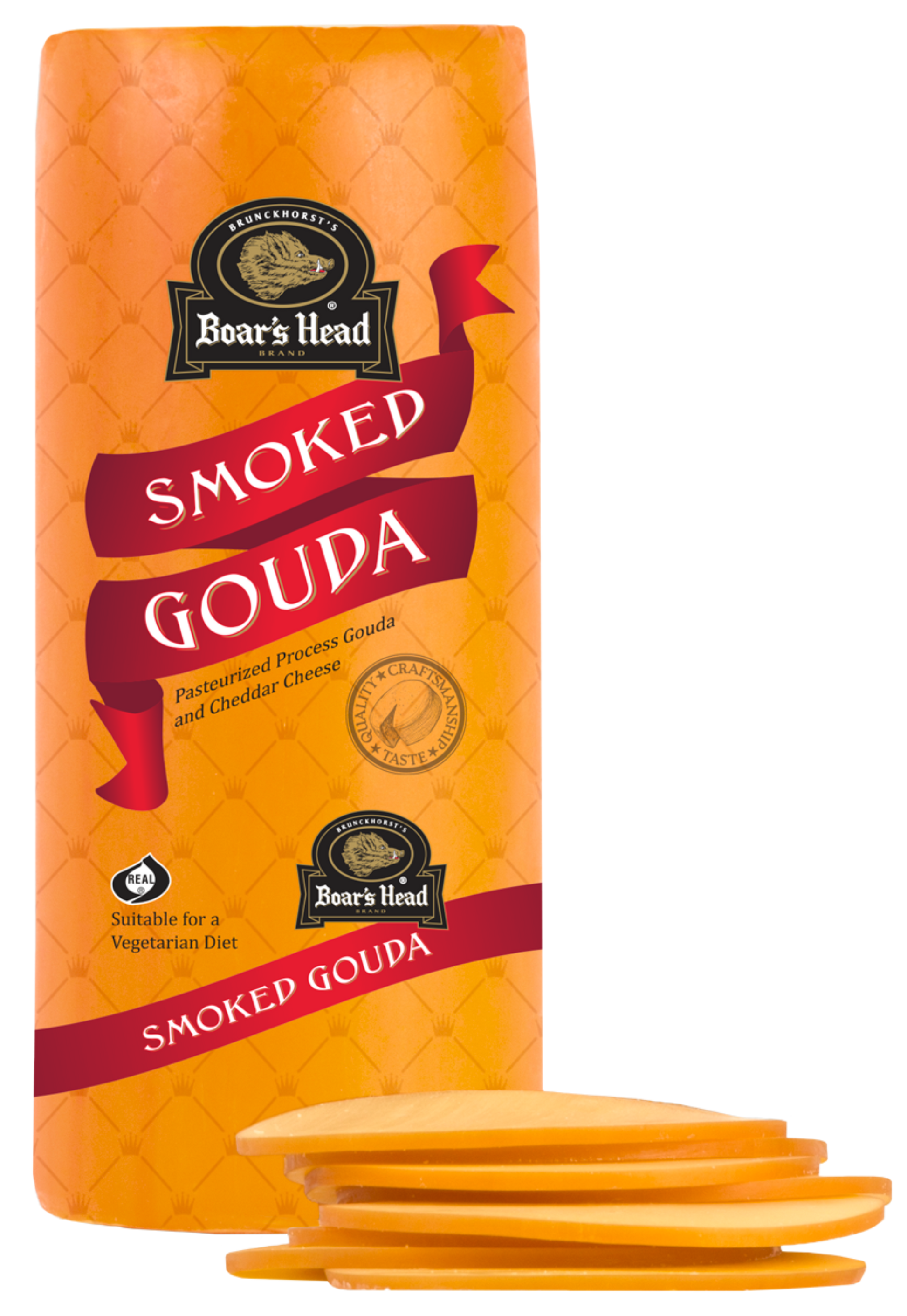 A package of Bear's Head Smoked Gouda cheese shown on a white background, with several slices of the orange-yellow cheese displayed in front of the package.
