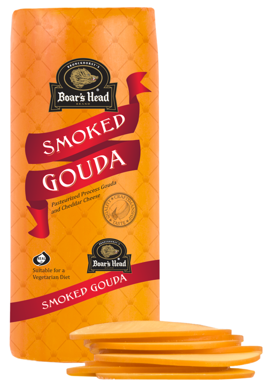 A package of Bear's Head Smoked Gouda cheese shown on a white background, with several slices of the orange-yellow cheese displayed in front of the package.