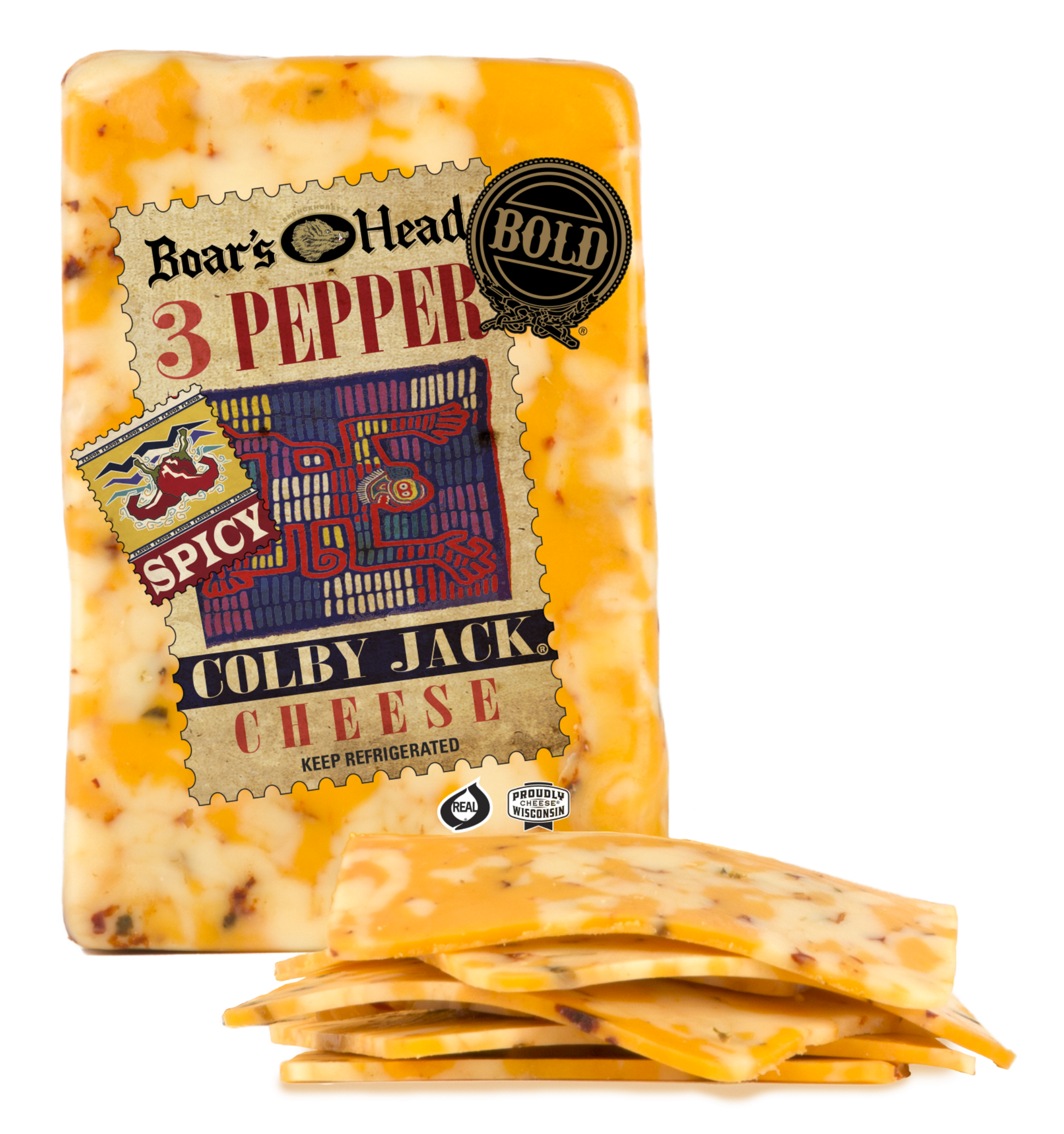 A package of Boar's Head 3 Pepper Colby Jack Cheese with several slices of cheese stacked in front on a white background.