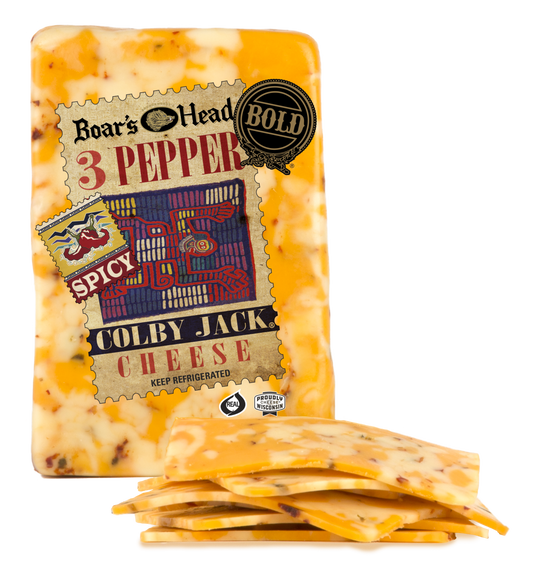 A package of Boar's Head 3 Pepper Colby Jack Cheese with several slices of cheese stacked in front on a white background.