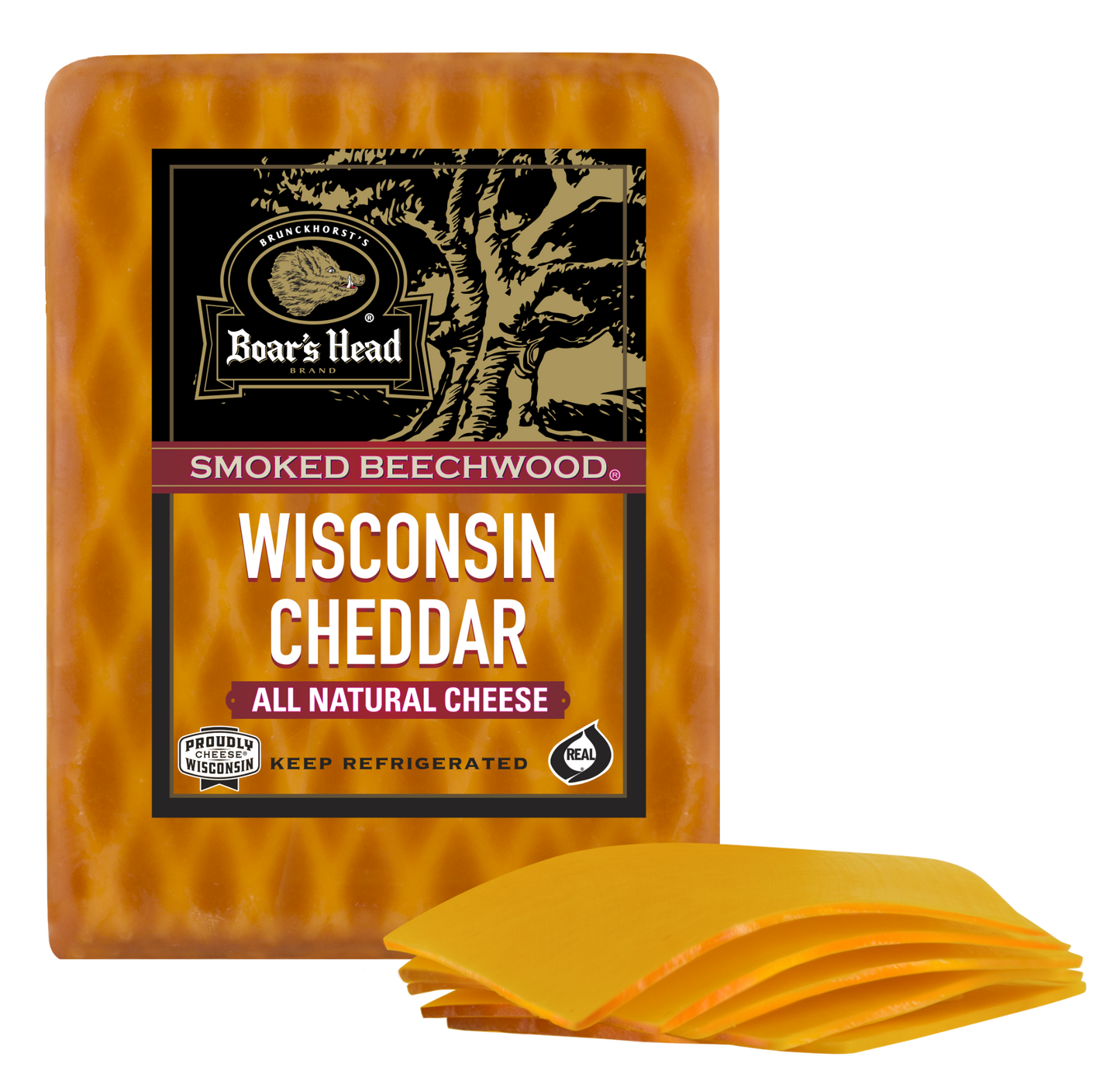 A package of Boar's Head Smoked Beechwood Wisconsin Cheddar cheese slices, showing the orange-yellow cheese blocks and several individual slices in front on a white background.