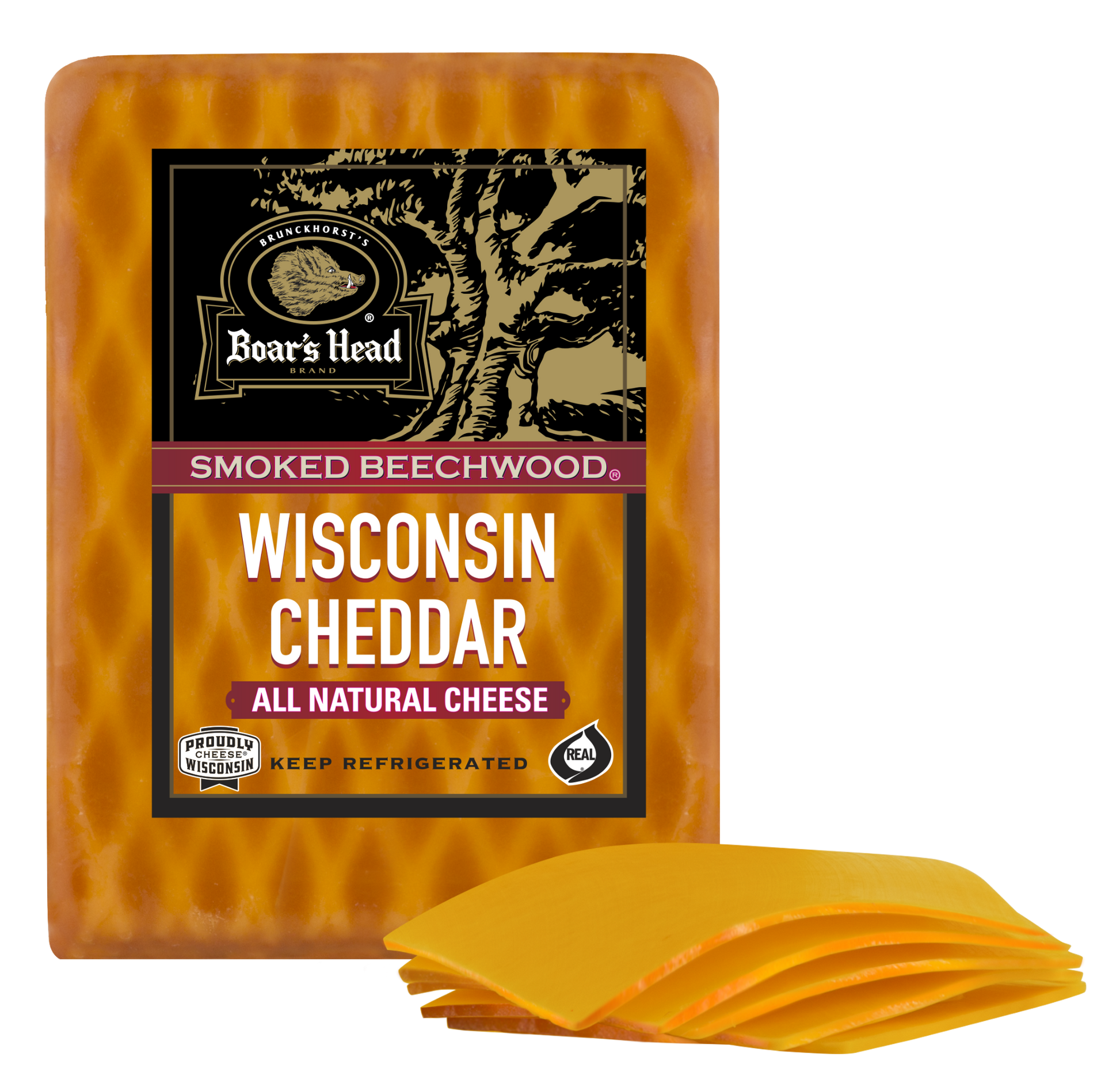 A package of Boar's Head Smoked Beechwood Wisconsin Cheddar cheese slices, showing the orange-yellow cheese blocks and several individual slices in front on a white background.