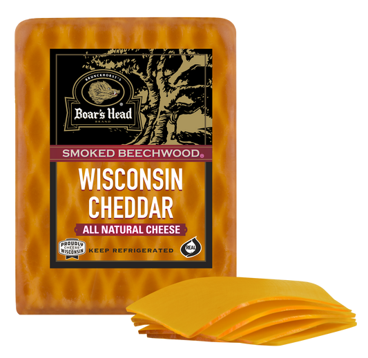 A package of Boar's Head Smoked Beechwood Wisconsin Cheddar cheese slices, showing the orange-yellow cheese blocks and several individual slices in front on a white background.