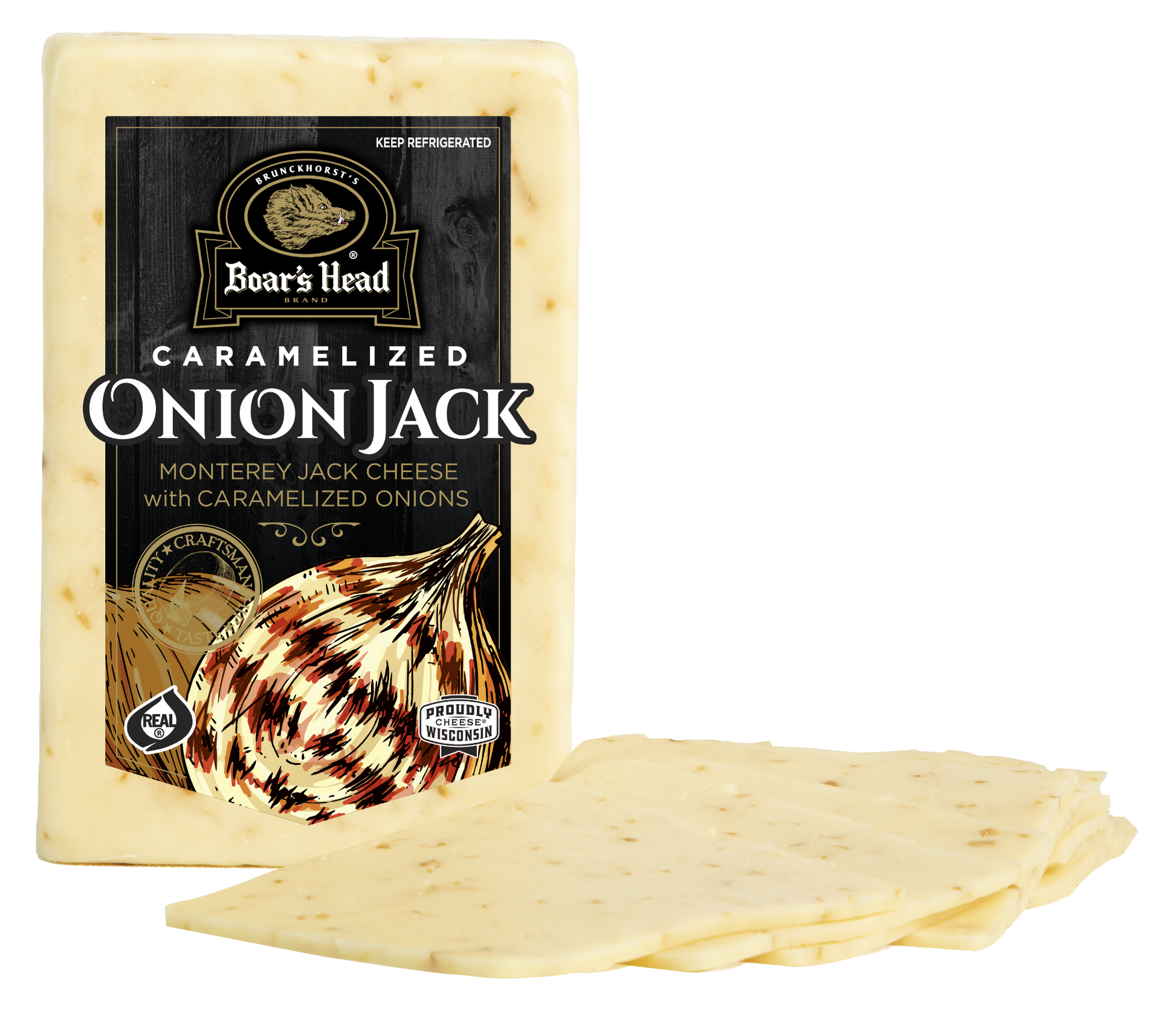 Boar's Head Caramelized Onion Jack cheese, showing the packaged block of cheese with a black label and several slices spread in front on a white background.