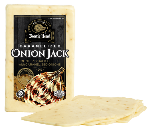 Boar's Head Caramelized Onion Jack cheese, showing the packaged block of cheese with a black label and several slices spread in front on a white background.