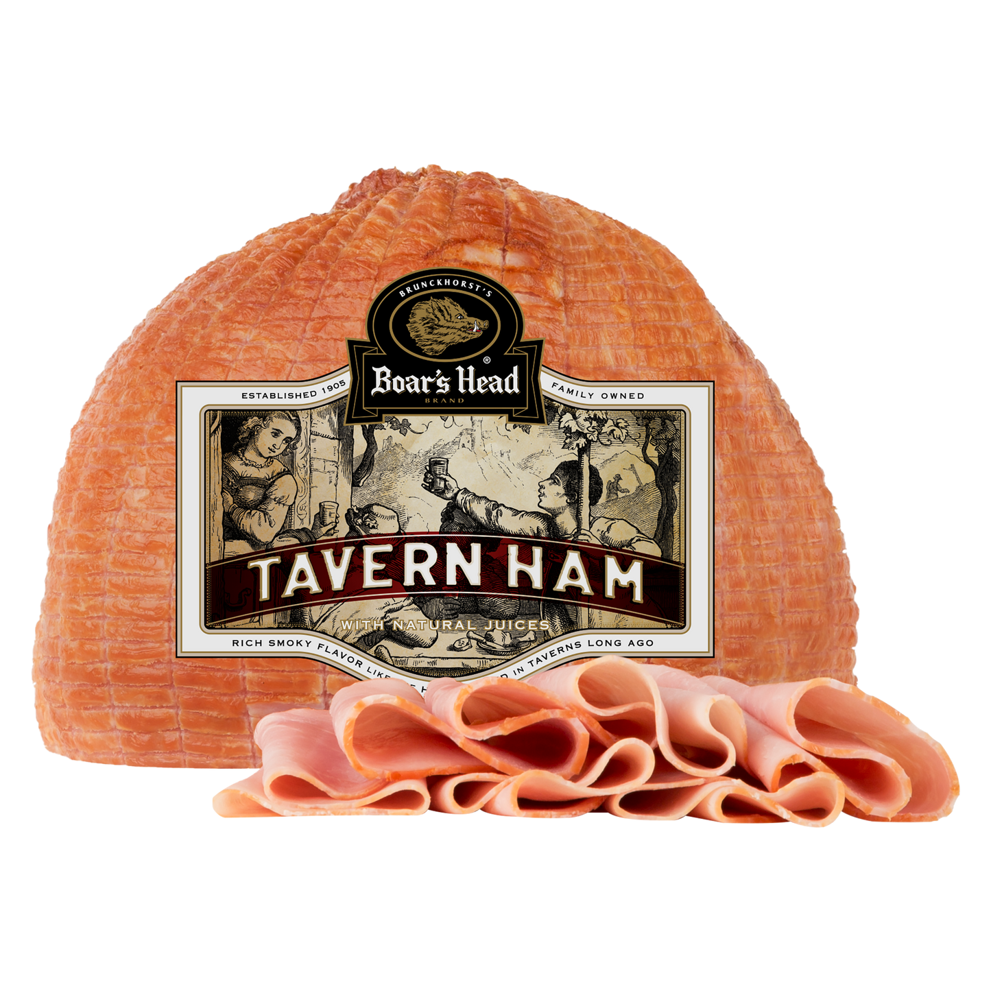 Boar's Head Tavern Ham in the package with a sliced pile of ham slices in front, on a plain white background.