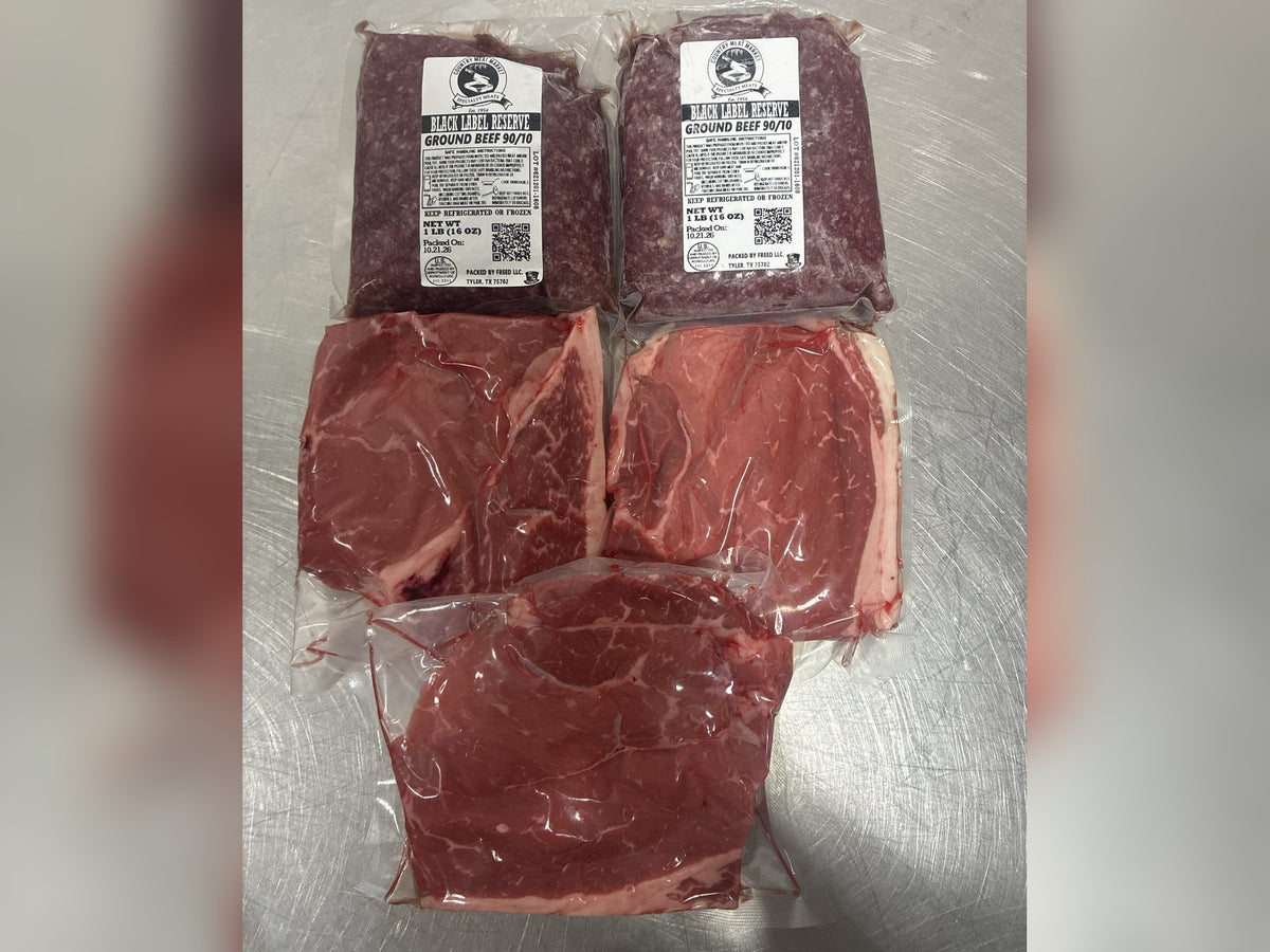 Three vacuum-packed steaks with two 1 lb packs of Black Label Reserve 90/10 lean ground beef