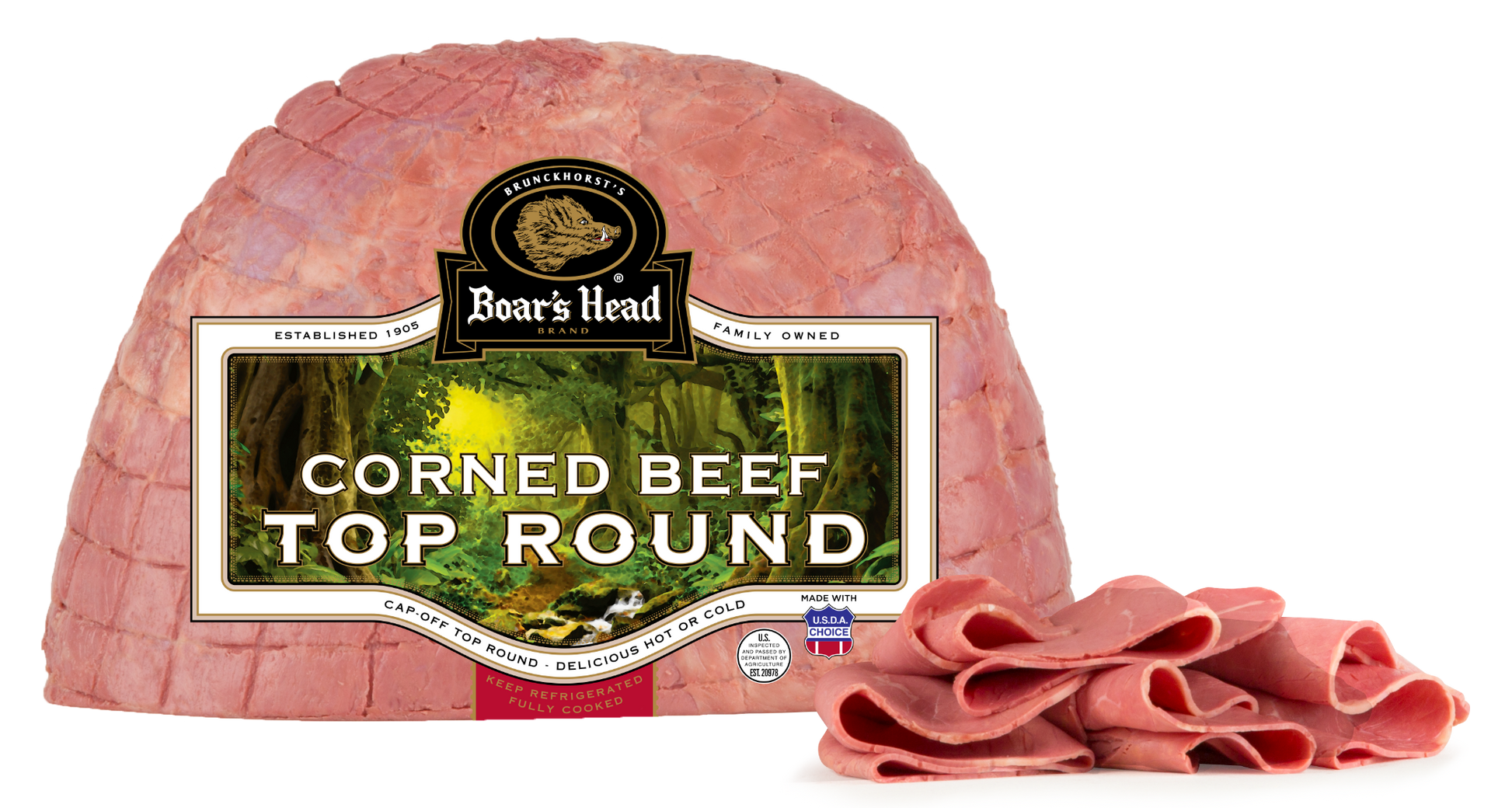 Boar's Head Corned Beef Top Round in its branded vacuum packaging, with several slices cut from the front resting on a white background.