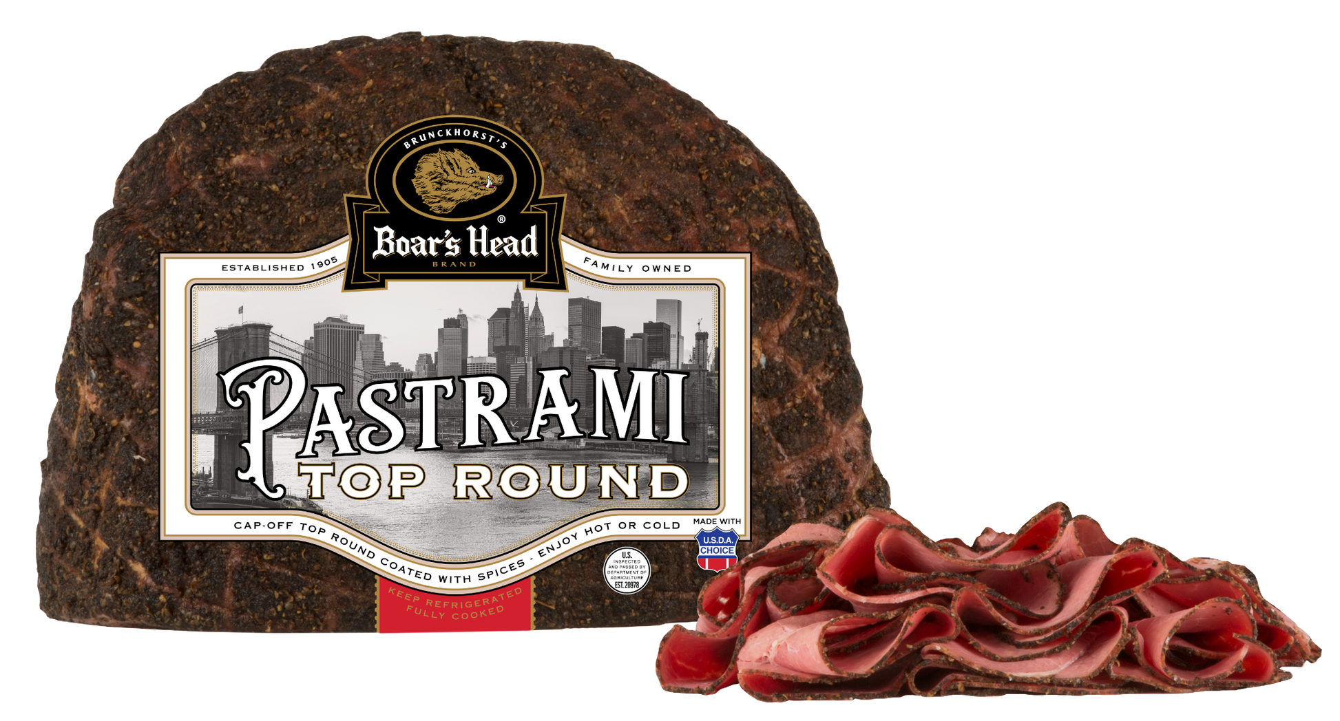 A package of Boar's Head Pastrami Top Round salami shown with the sliced meat piled in front on a plain white background.