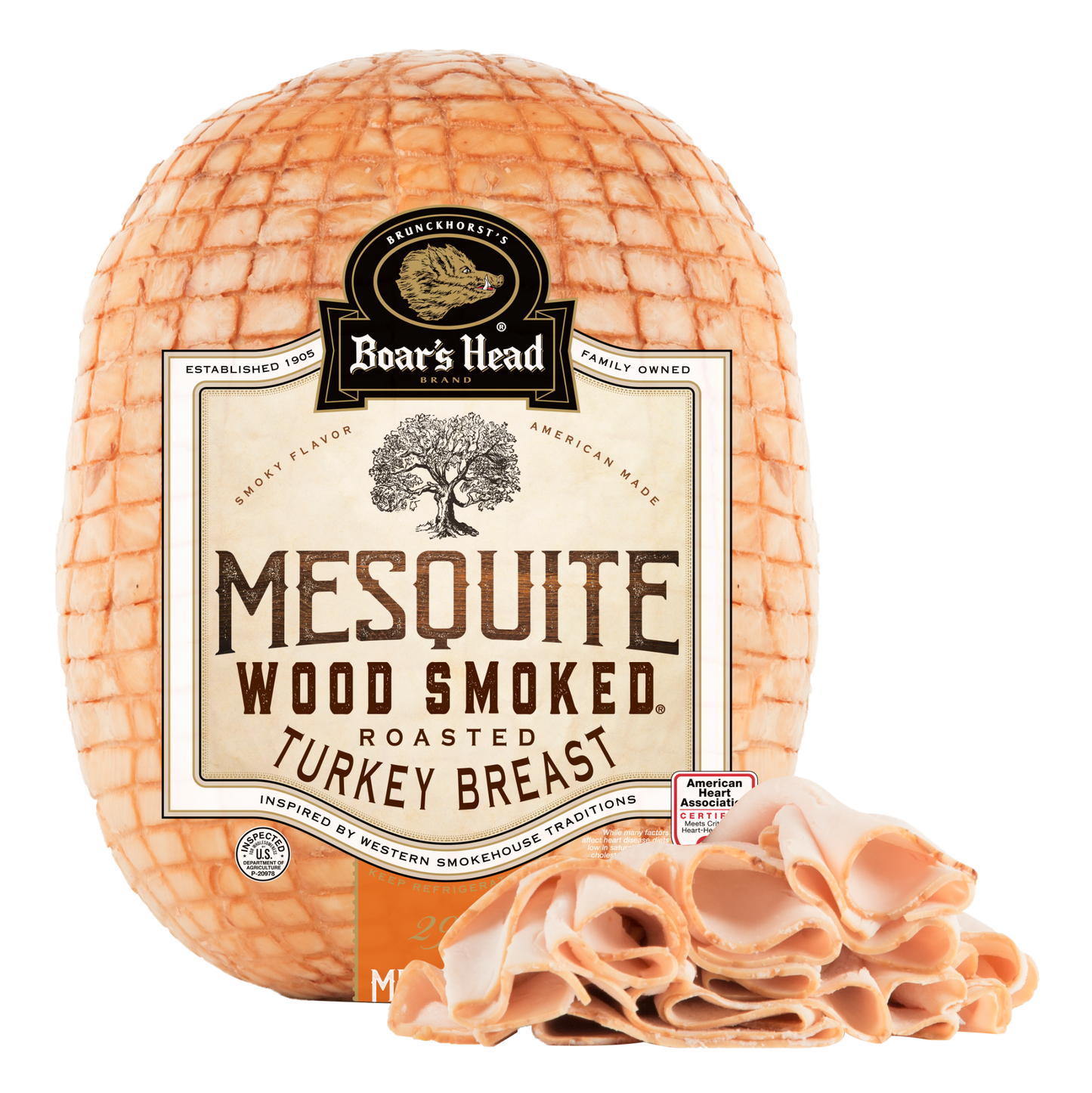 A packaged roasted turkey breast labeled Boar's Head Mesquite Wood Smoked, shown on a white background with sliced pieces placed in front.