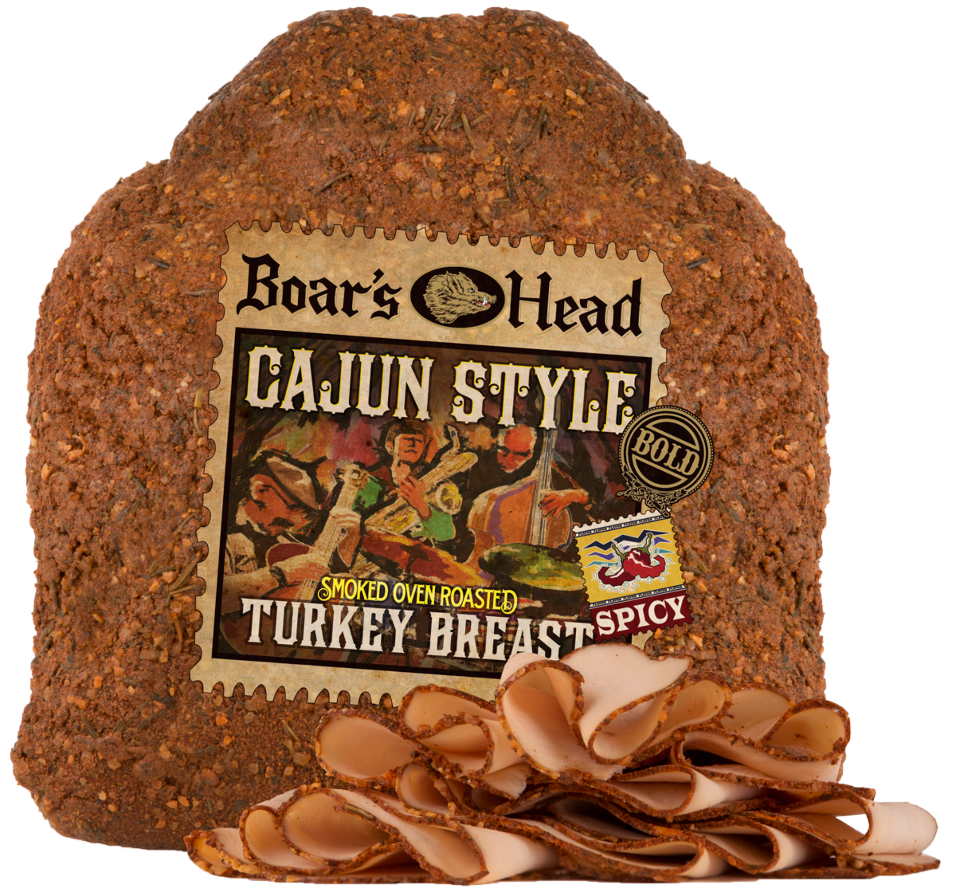 Boar's Head Cajun Style Smoked Oven Roasted Turkey Breast. The whole cured turkey loaf is shown with several slices cut and fanned out in front on a white background.