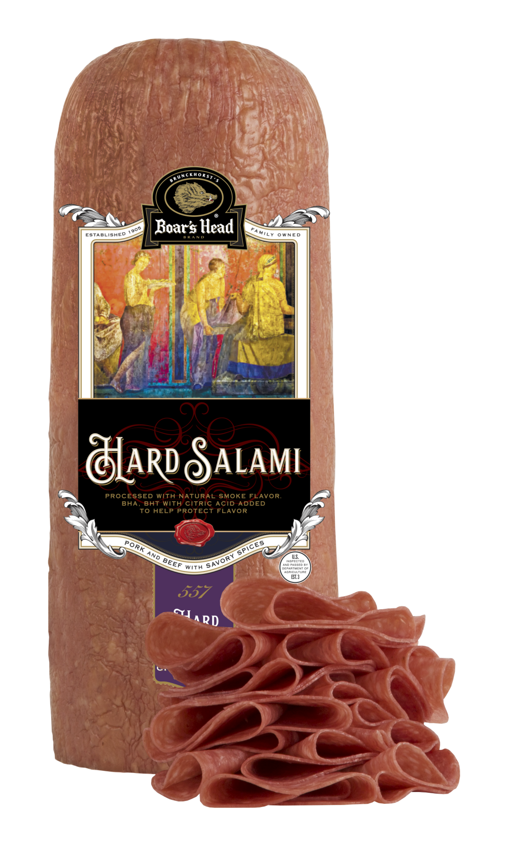 Boar's Head Hard Salami sausage log with a decorative front label, shown alongside several curled slices of the cured meat on a plain white background.