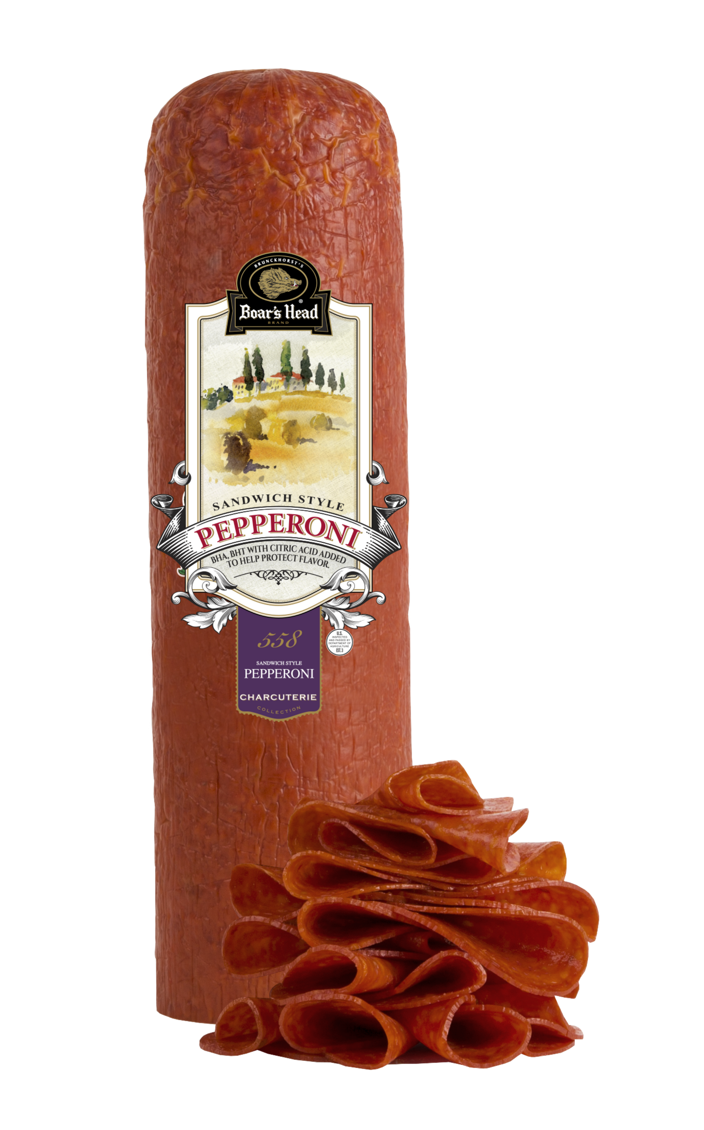 A package of Boar's Head Pepperoni Sandwich Style, featuring a large upright roll of textured red pepperoni with its label facing forward, and a pile of sliced pepperoni rolls displayed in front on a clean white background.