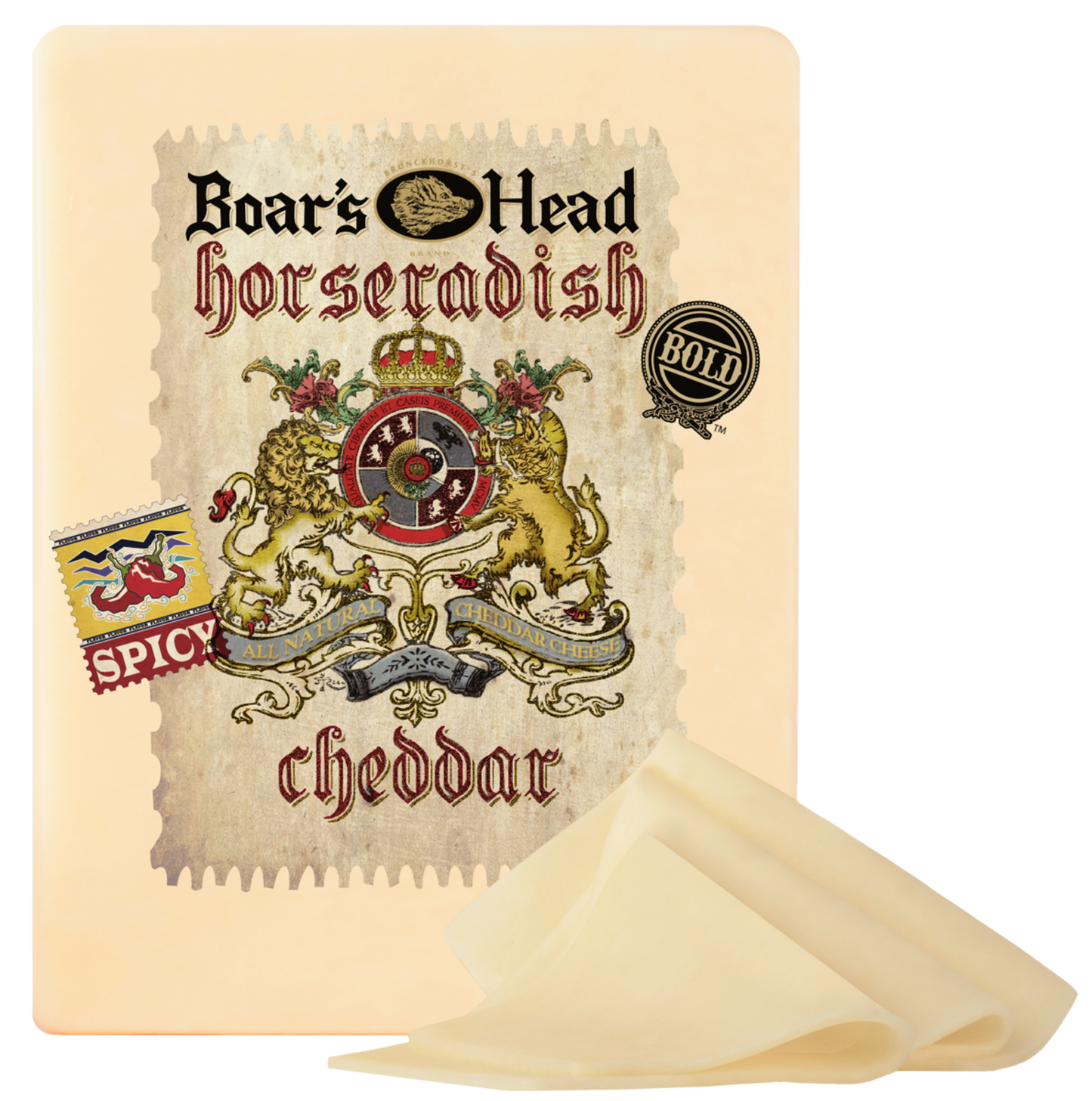 Boar's Head Horseradish cheddar cheese package with a cream-colored slices shown in front on a white background.
