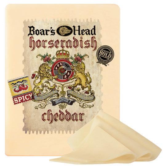 Boar's Head Horseradish cheddar cheese package with a cream-colored slices shown in front on a white background.