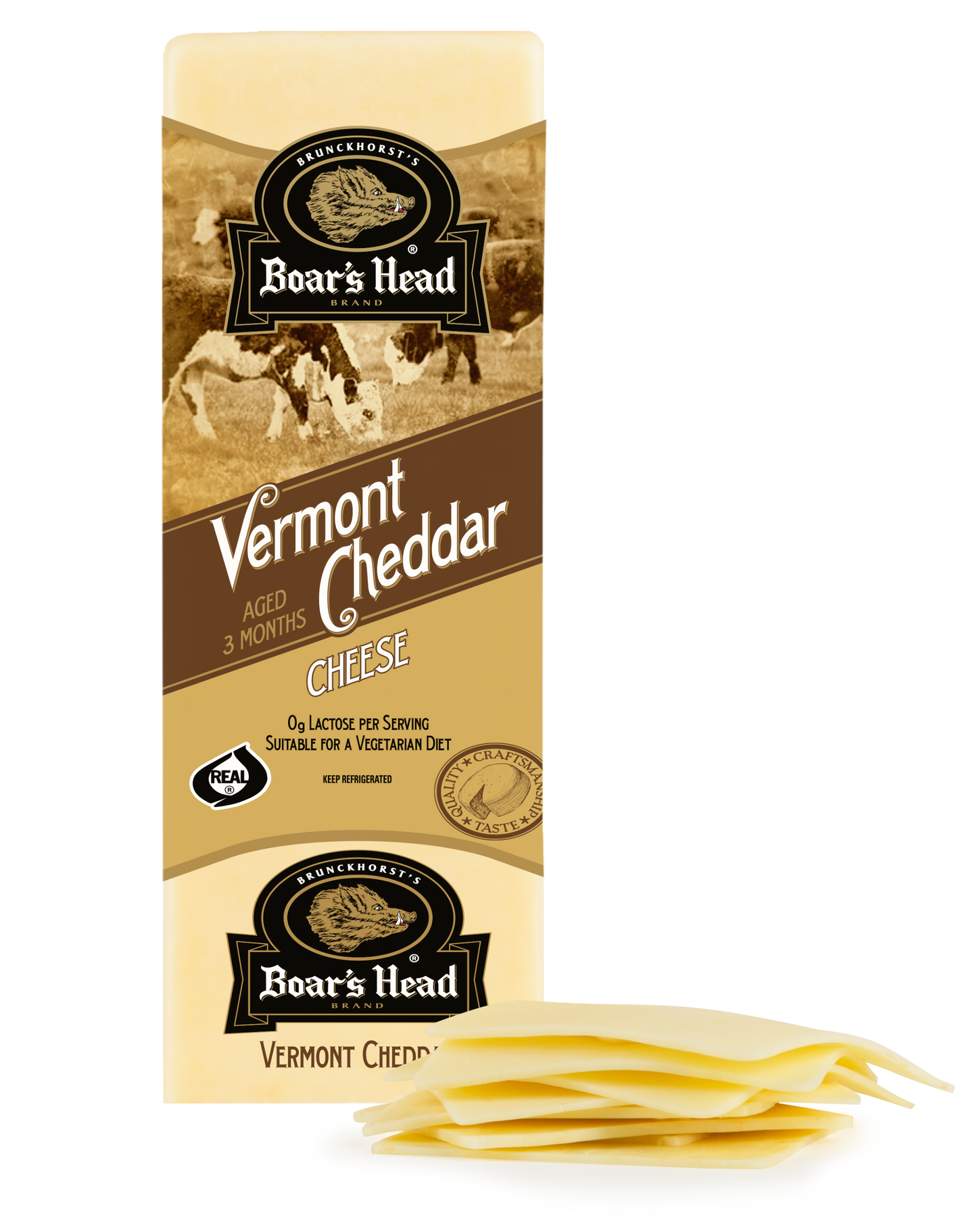 Boar's Head Vermont Cheddar cheese block packaging shown upright with several sliced cheese wedges placed in front on a white background.