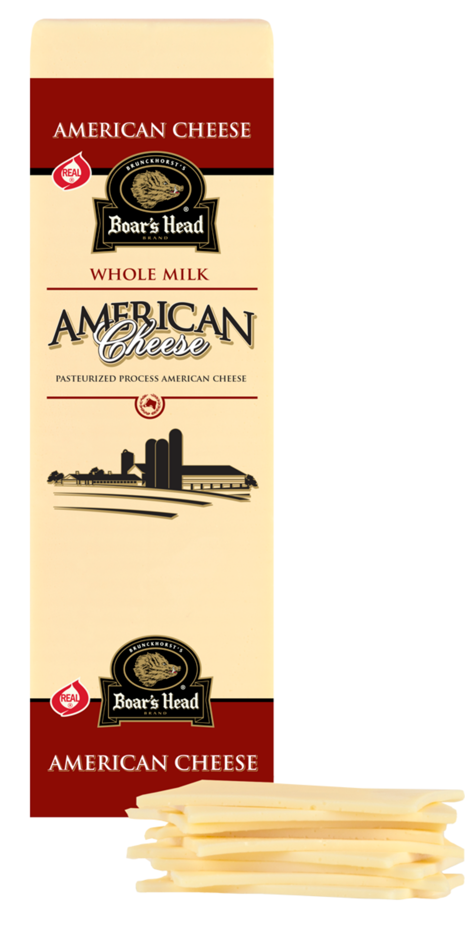 A package of Boar's Head Whole Milk American Cheese with several cheese slices displayed in front on a plain white background.