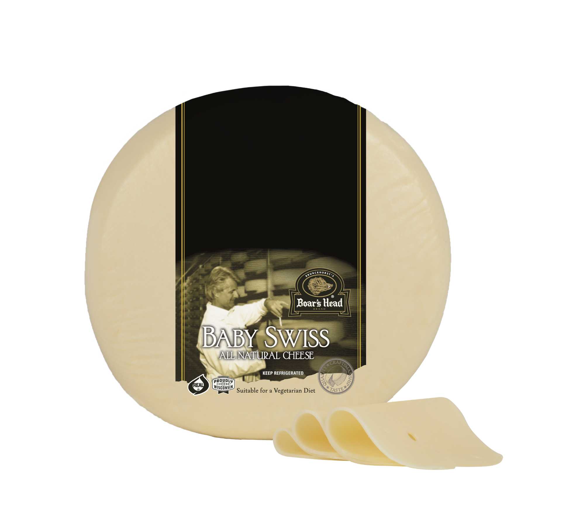 A round wheel of Baby Swiss All-Natural Cheese with a black and gold label, shown on a white background with a few slices cut and fanned out in front.