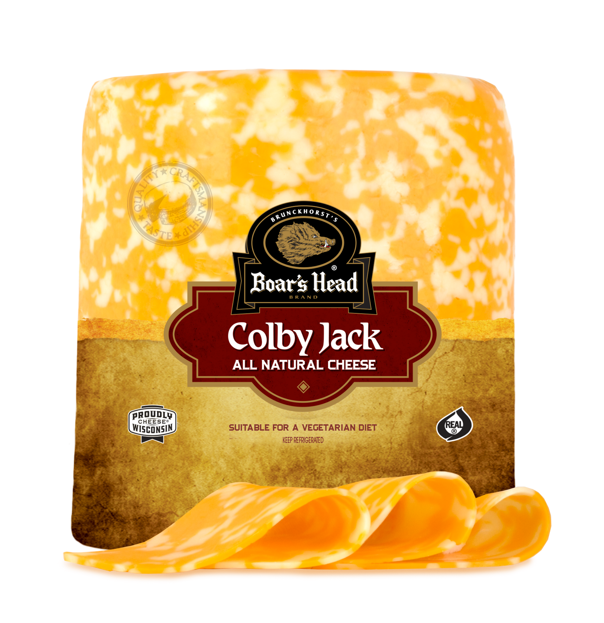 A large block of Boar's Head Colby Jack cheese with several slices cut and arranged in front, photographed on a clean white background.