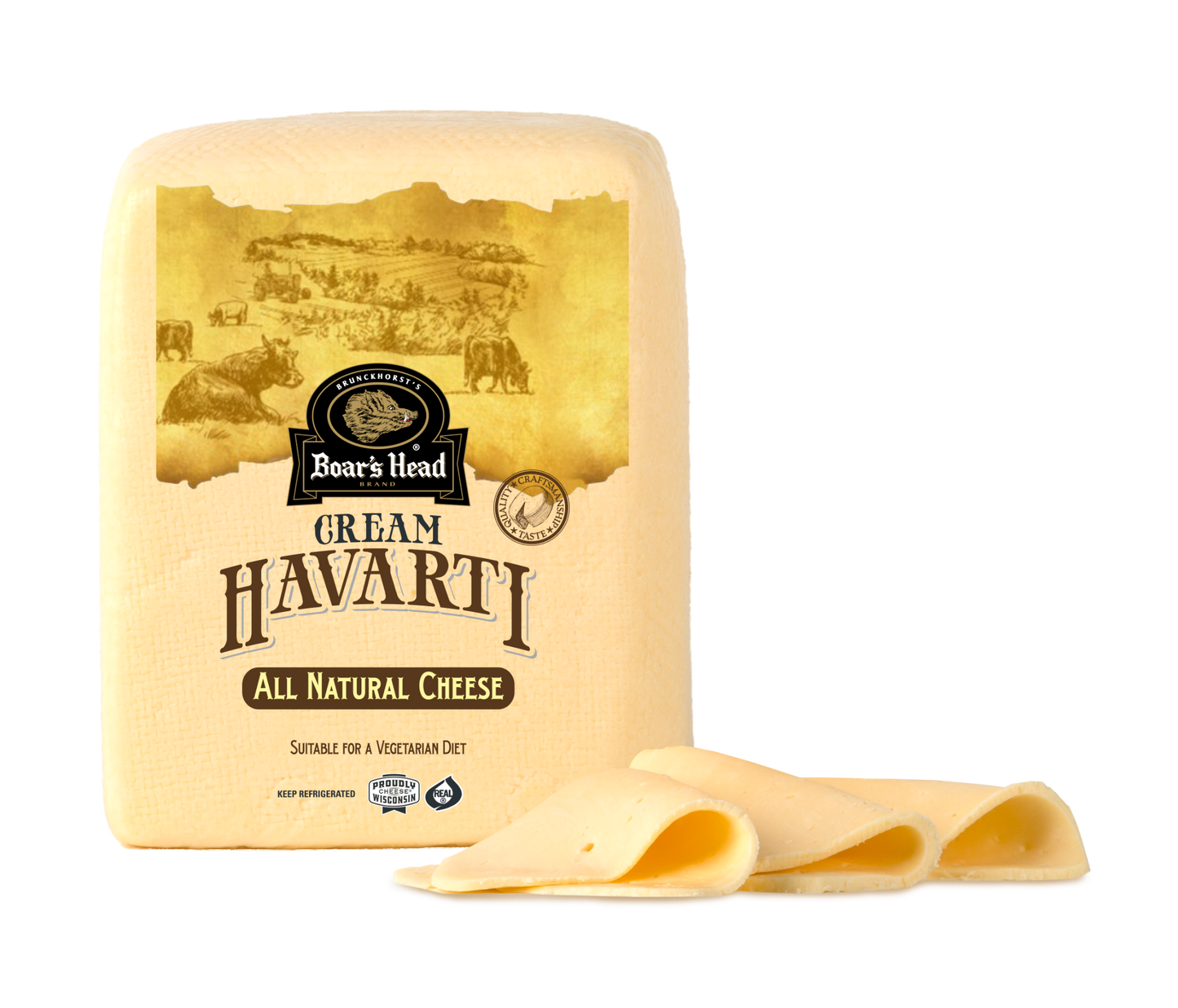 A block of Boar's Head Cream Havarti cheese with three curled slices placed in front, on a clean white background.
