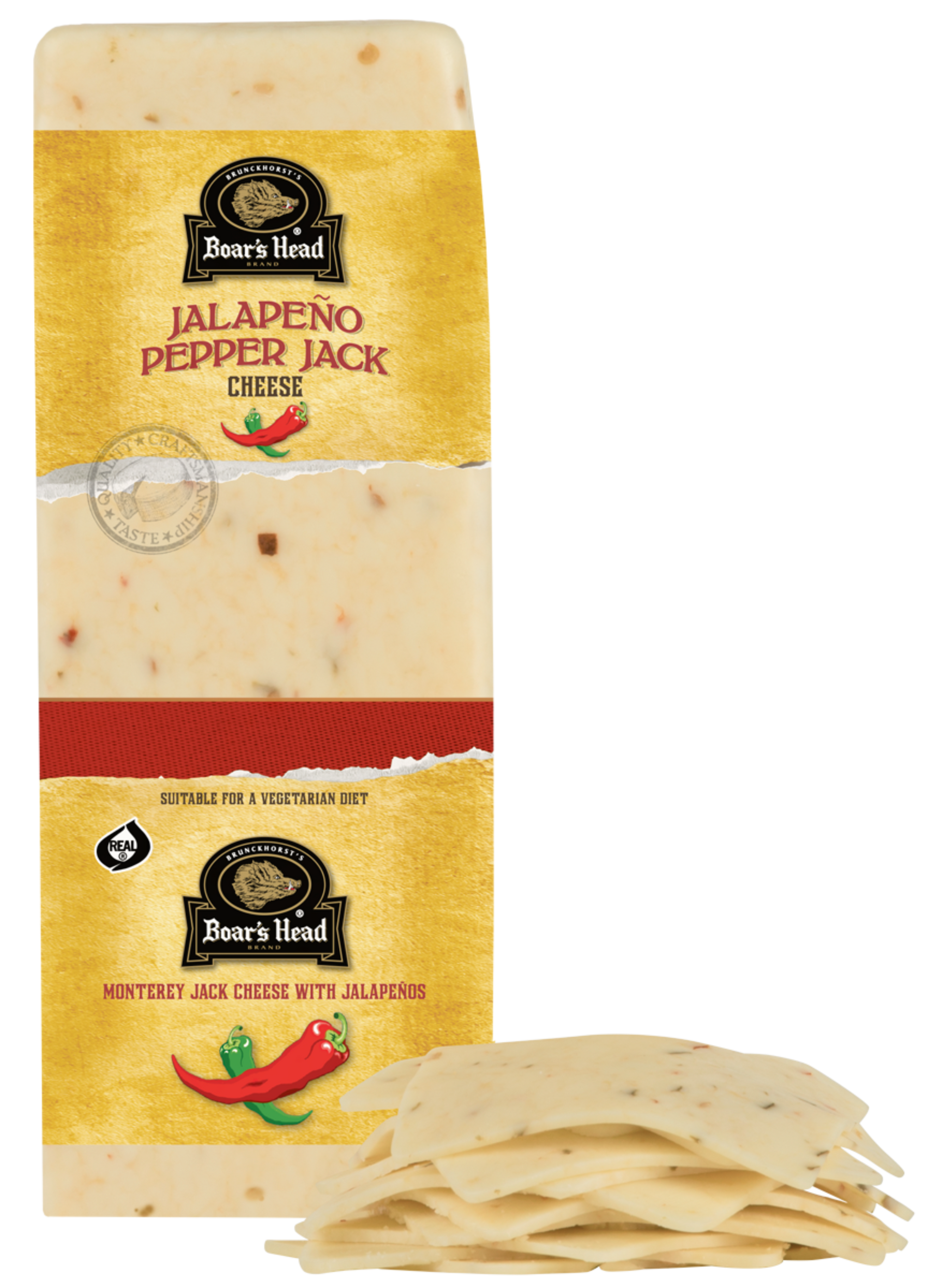 A package of Boar's Head Jalapeño Pepper Jack Cheese stands upright on a white background, with a stack of sliced cheese wedges placed in front. The package is primarily yellow with a red band and black logo, and the cheese slices show a pale yellow color with small red pepper flecks.