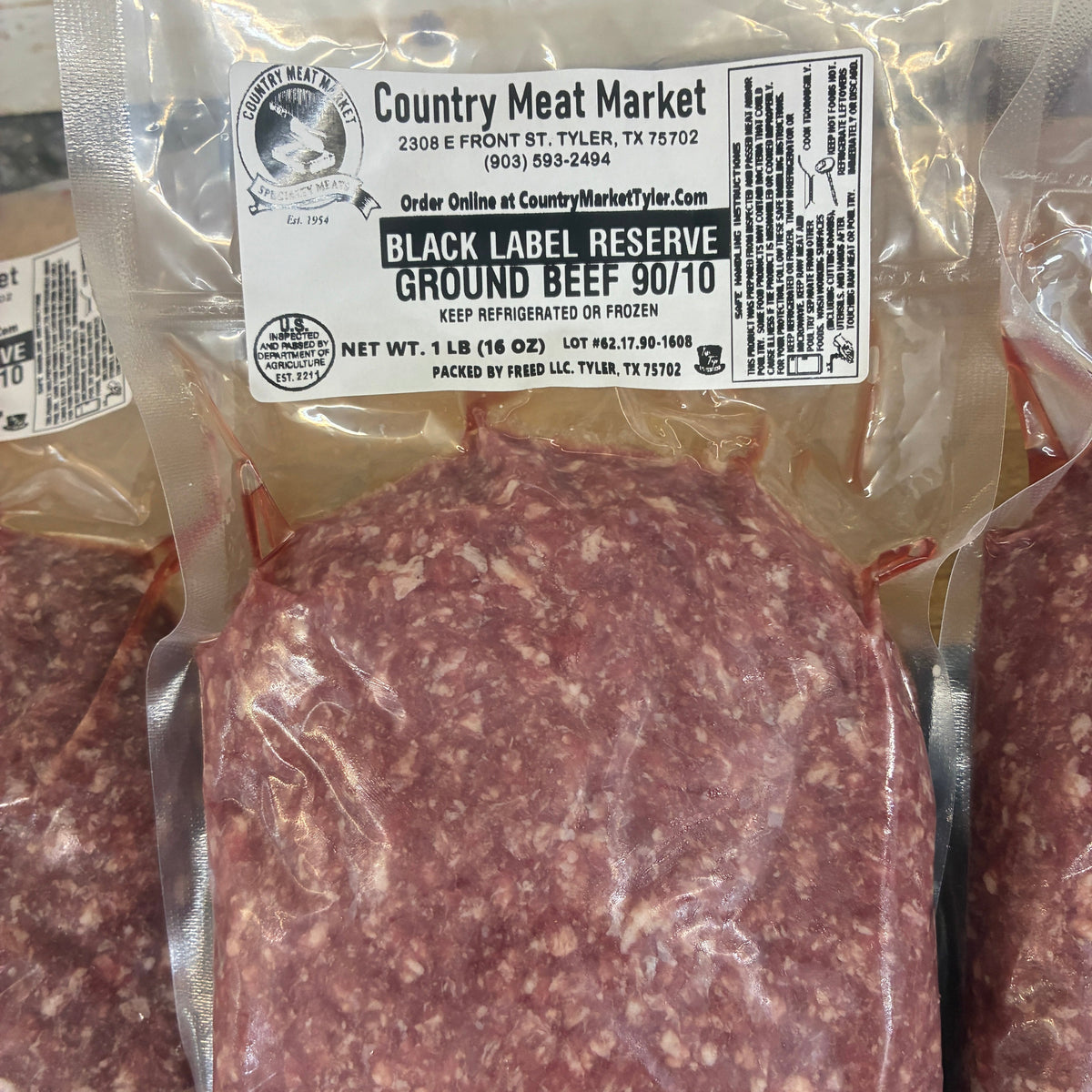 Black Label Reserve 90/10 ground beef in one-pound vacuum packs from Country Meat Market