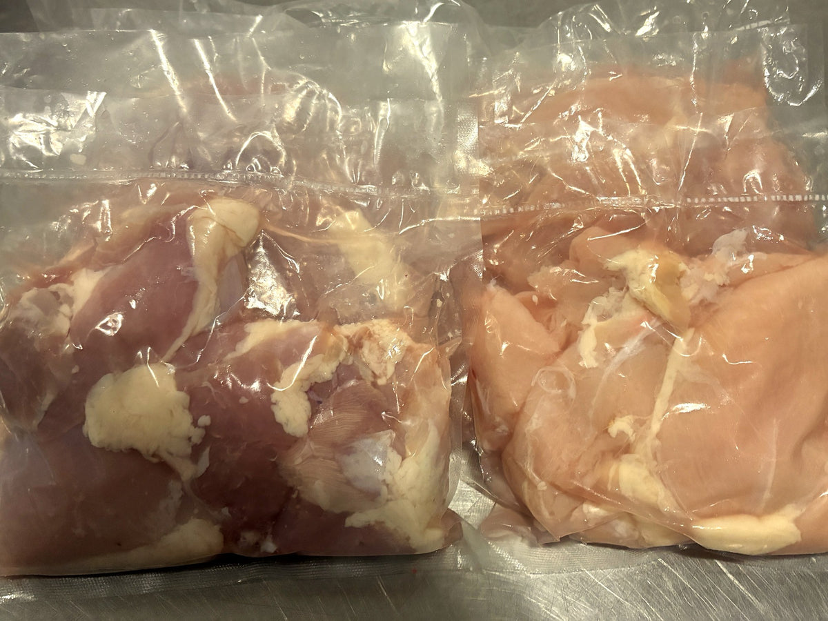 All natural, free range boneless skinless chicken thighs and breasts in vacuum packs from Country Meat Market